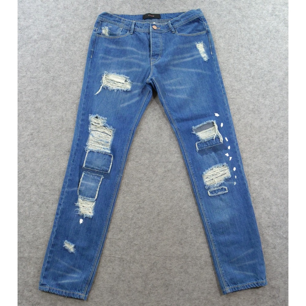 Stampd Jeans Mens 32 Blue Slim Straight Distressed Mid Rise Button Fly